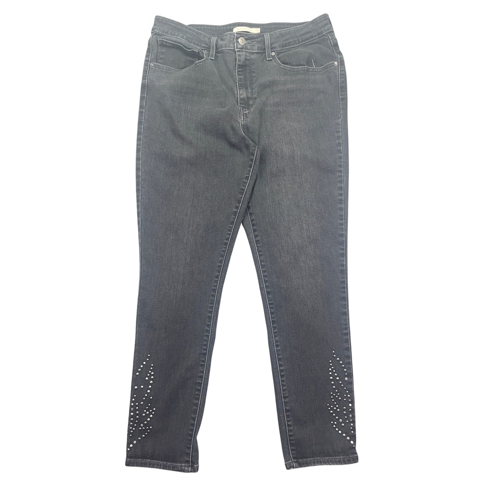 Levis 721 High Rise Skinny Jeans Studded Ankle Black Wash Size‎ 33 Grunge Boho
